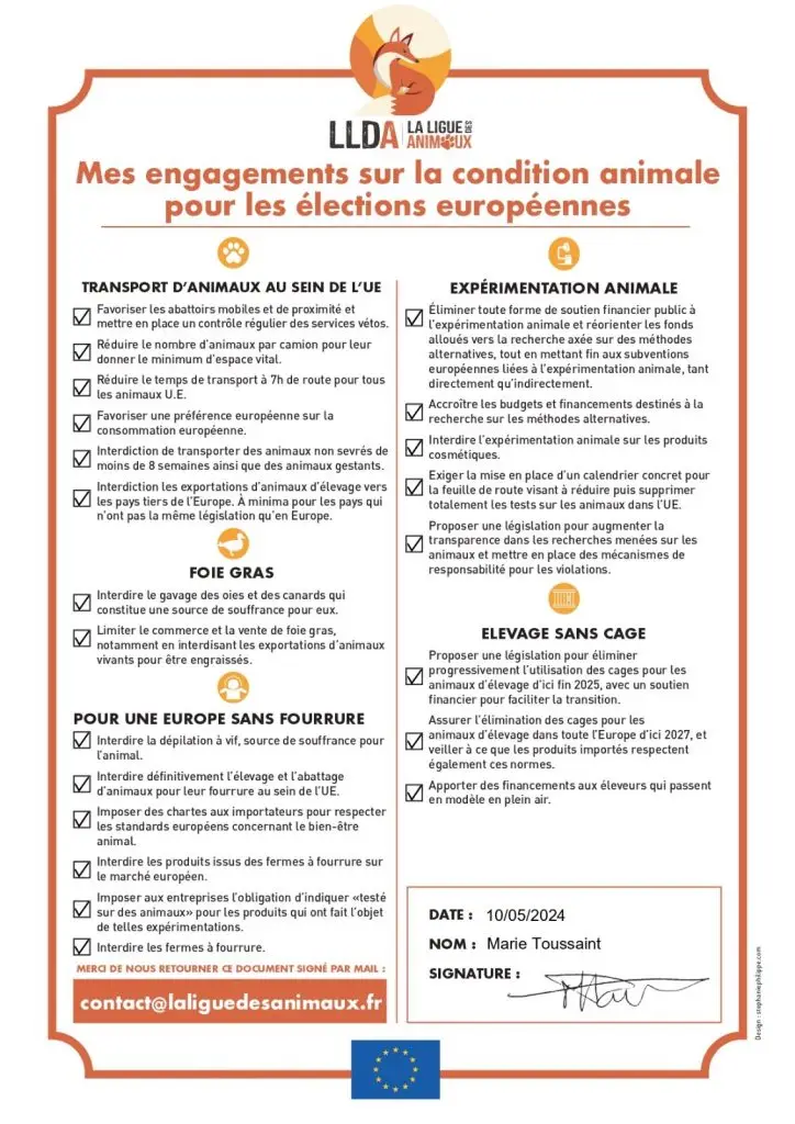 Signature de Marie Toussaint à la Charte de La Ligue Des Animaux.