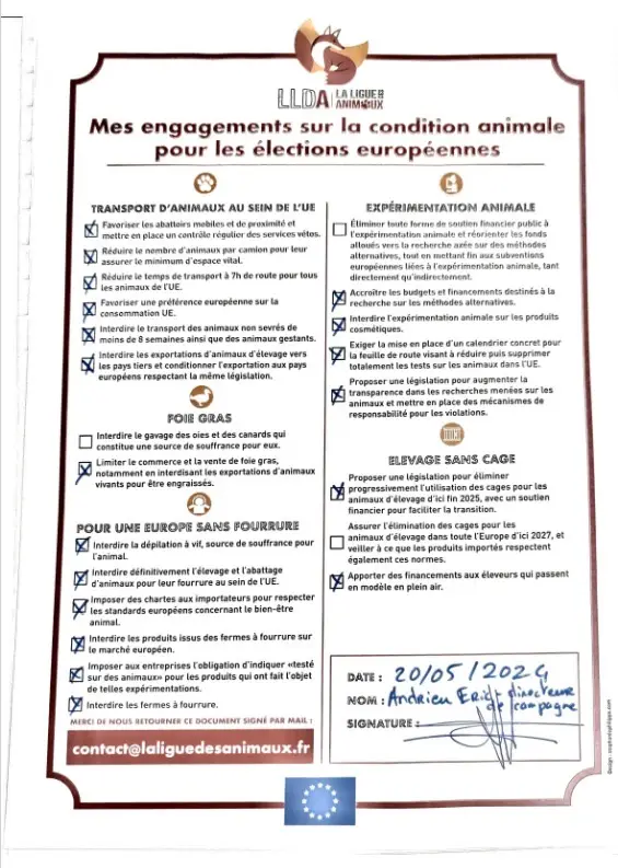 Signature de Raphaël Glucksmann à la Charte de La Ligue Des Animaux.